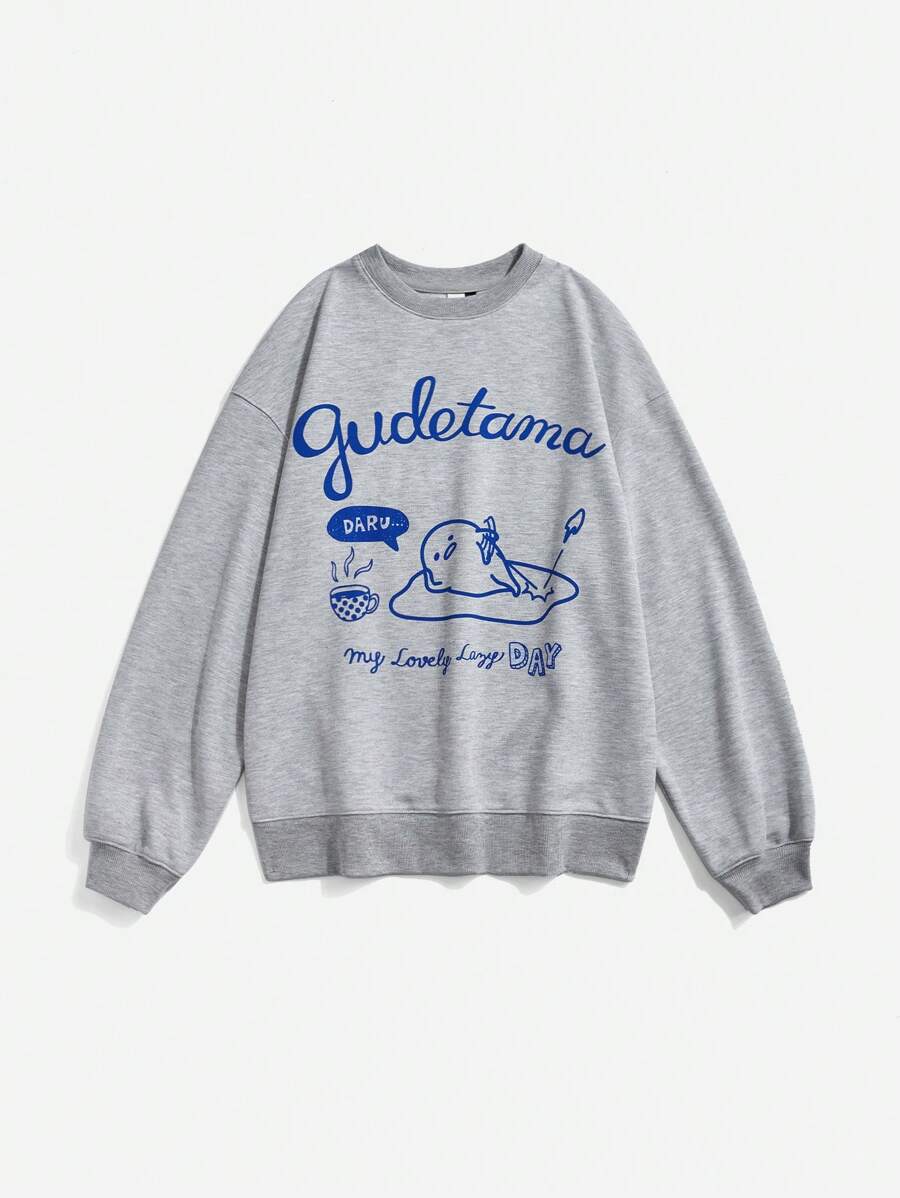 Gudetama X SHEIN Áo thun trễ vai họa tiết trứng và chữ hoạt hình dễ thương thường ngày dành cho nữ - Màu Xám nhạt - Xem 1