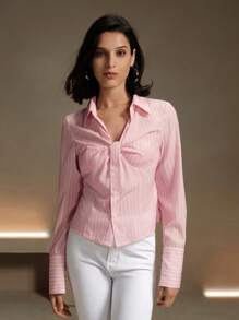 Anewsta Women Causal Striped V-Neck Ruched Bust Slim Fit Elegant Office Blouse Shirt
