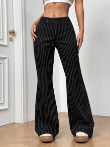 SHEIN EZwear 低腰条纹微喇叭西装裤 - 黑色 - 查看 3