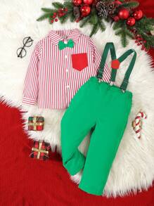 SHEIN 2 件装男婴休闲复古优雅校园风格拼色衬衫绅士套装，适合圣诞节场合 - 彩色 - 查看 1