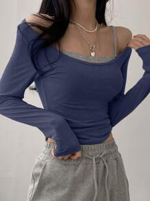 DAZY Women's Solid Color Crew Neck Long Sleeve Slim Fit T-Shirt And Camisole 2pcs Set, Spring/Summer,Fall Clothes - Teal Blue - View 4