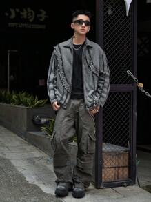 Manfinity Roghcode Men's Frayed Edge Zip-Up Long Sleeve Denim Shirt - Dark Grey - View 3