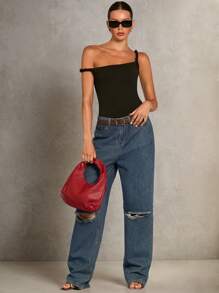 SHEIN BAE Women's Black Asymmetric Neck Twist Casual Bodysuit/Fashionable Outgoing, Versatile Minimalist/Sleeveless Fitted Bodysuit - Black - View 7