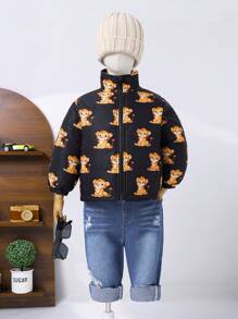 SHEIN Young Boy Mid-Length Warm Thickened Anti-Cold Fashionable Lion Print Padded Coat, Suitable For Autumn And Winter - Black - View 1