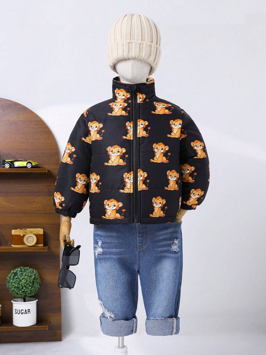 SHEIN Young Boy Mid-Length Warm Thickened Anti-Cold Fashionable Lion Print Padded Coat, Suitable For Autumn And Winter - Black - View 1