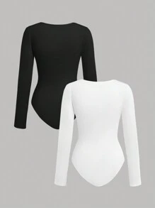 SHEIN Girlism 2pcs/Set Teen Girl's Black & White Knitted Crew Neck Long Sleeve Basic Bodysuit Sets - Black and White - View 2