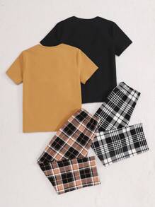 SHEIN 4pcs Tween Boy Simple Solid Color T-Shirt, Plaid Straight Leg Pants, Knit Relaxed Fit Lounge & Sleepwear Set - Multicolor - View 2