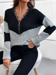 SHEIN LUNE Fashionable New Zip-Up Knitted Sweater, European And American Design Sense, Lace Patchwork, Casual Versatile Pullover