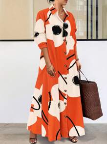 EMERY ROSE Plus Size Allover Random Print Long Sleeve Loose Casual Chic Dress Maxi Women Outfit Fall Cloth For Women - Orange - View 1