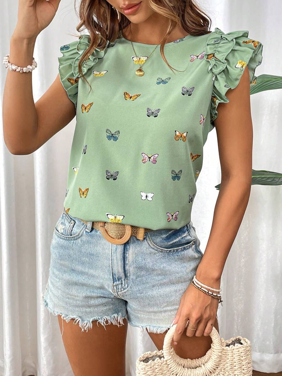 SHEIN VCAY Vacation Lightweight  Fabric Double Layer Airplane Sleeve Ladies Blouse - Green - View 1