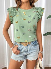 SHEIN VCAY Vacation Lightweight  Fabric Double Layer Airplane Sleeve Ladies Blouse - Green - View 5