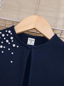 SHEIN Chaqueta corta de estilo casual ajustada de unicolor con manga gigot abotonada para niña joven - Azul Marino - View 3