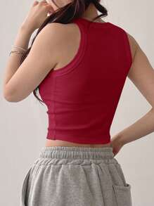 DAZY Áo ba lỗ ngắn cổ tròn có gân màu trơn dành cho nữ - Màu Đỏ Sâu - Xem 5