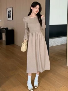 DAZY 女士纯色圆领泡泡袖超长毛衣裙，秋冬，秋季女装