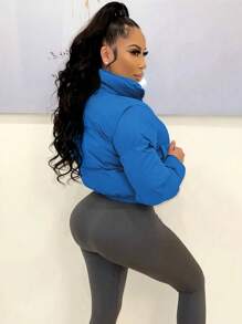 女士欧美风格短款立领拉链保暖夹克 - 藍色 - 查看 2