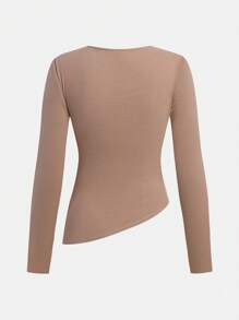 SHEIN Camiseta de manga larga con cuello redondo, fruncido delantero de unicolor y dobladillo asimétrico para niña adolescente