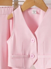 2 pièces/set Ensemble veste blazer courte rose décontractée chic et pantalon pour petites filles, tenues assorties mère-fille (vendues séparément) - Rose bonbon - Voir 7