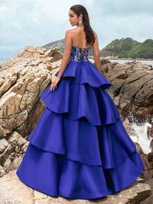 Faeriesty 花卉亮片紧身胸衣拼接多层缎面下摆正式舞会礼服 - 寶藍色 - 查看 3