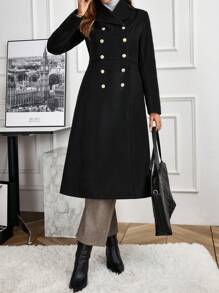 EMERY ROSE Women's Woolen Long Sleeve Shirt With Button Decoration, Solid Minimalist Style - Black - View 2