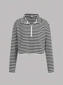 SHEIN 2 件套少女针织条纹领口运动衫和宽松短裤套装 - 黑與白 - 查看 6