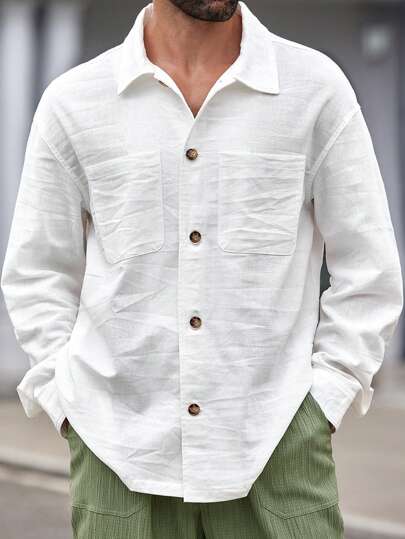 Manfinity VCAY Camisa casual de manga larga con cuello tejido para uso diario de hombre, para primavera y otoño