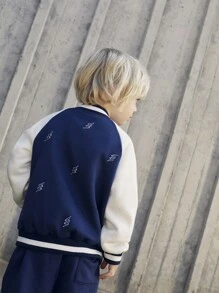 SHEIN Young Boys' Lightning Embroidery Inset-Sleeve Blue Sports Casual Outdoor Athletic Baseball Jacket, Suitable For Autumn/Winter - Blue - View 2