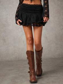 SHEIN BAE Black Lace Sweet Romantic Western Paneled Ballet Style Ruffled Mini Skirt - Black - View 6