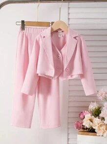 2 pièces/set Ensemble veste blazer courte rose décontractée chic et pantalon pour petites filles, tenues assorties mère-fille (vendues séparément) - Rose bonbon - Voir 5