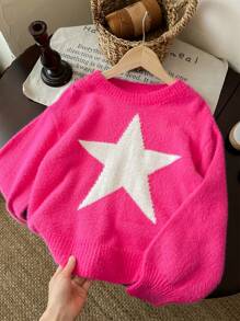 LMoss Kids Tween Girl Star Pattern Round Neck Drop Shoulder Sweater, Sibling Outfits,In Fall/Winter - Hot Pink - View 3
