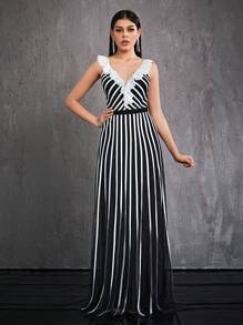 Mgiacy Women's Spaghetti Strap Ruffle Collar Striped Mesh High-End Evening Dress Party Dress Wedding Guest Dress Prom Dress