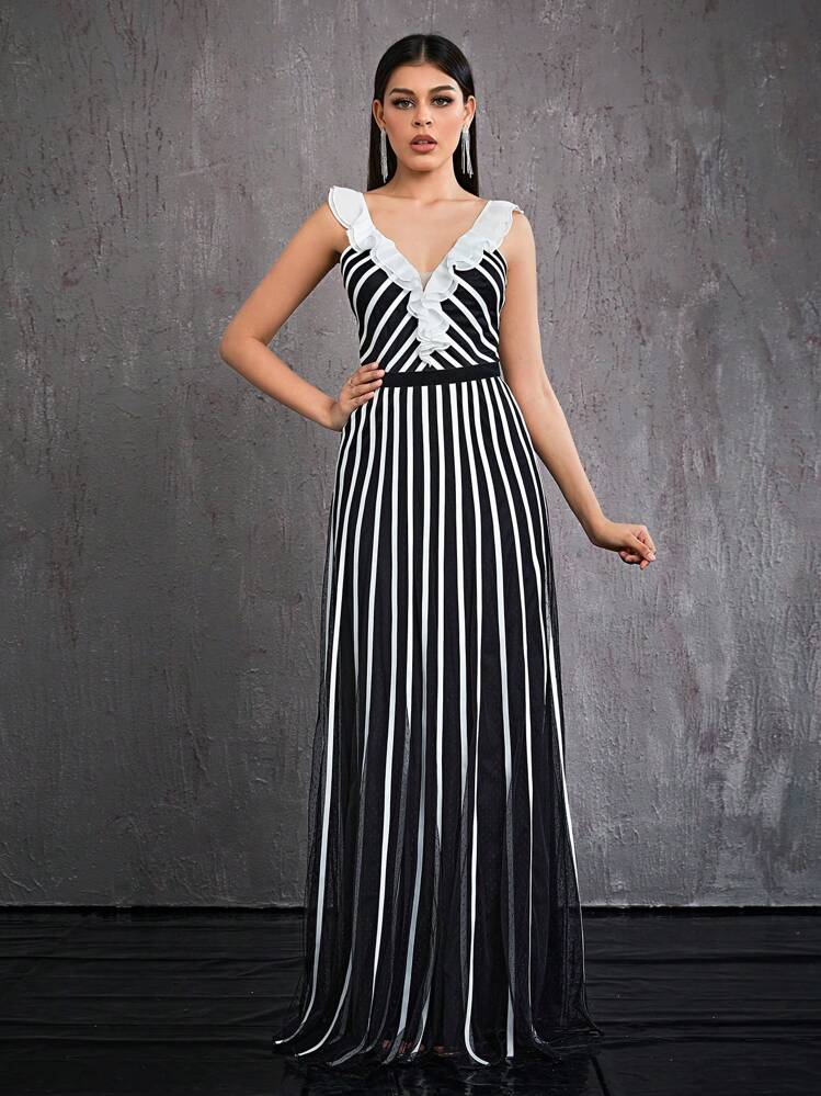 Mgiacy Women's Spaghetti Strap Ruffle Collar Striped Mesh High-End Evening Dress Party Dress Wedding Guest Dress Prom Dress - Black and White - View 4