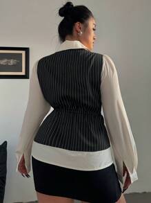 Flirla Plus Size Women's Button-Down Striped Shirt - Black and White - View 2