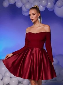 SHEIN Belle Burgundy Red Elegant Luxurious Burgundy Red Off-Shoulder Gown With Embellished Pearl Neckline, Knitted Bodice & Satin Flared Dress, Suitable For Weddings, Parties, Graduation, Prom