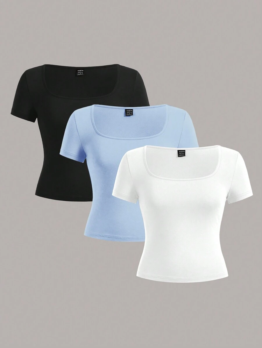 SHEIN EZwear 3 件大码女式黑色、白色和蓝色短袖短款休闲修身 T 恤，适合夏季 - 彩色 - 查看 1