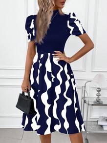 SHEIN Clasi Váy Midi thanh lịch cổ đứng mùa hè dành cho nữ tay áo phồng họa tiết hình học - Xanh và trắng - Xem 6