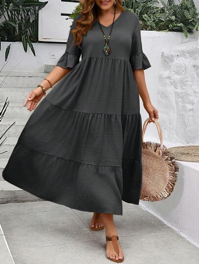 EMERY ROSE 夏季大码女式深V领荷叶袖多层下摆长款黄色连衣裙