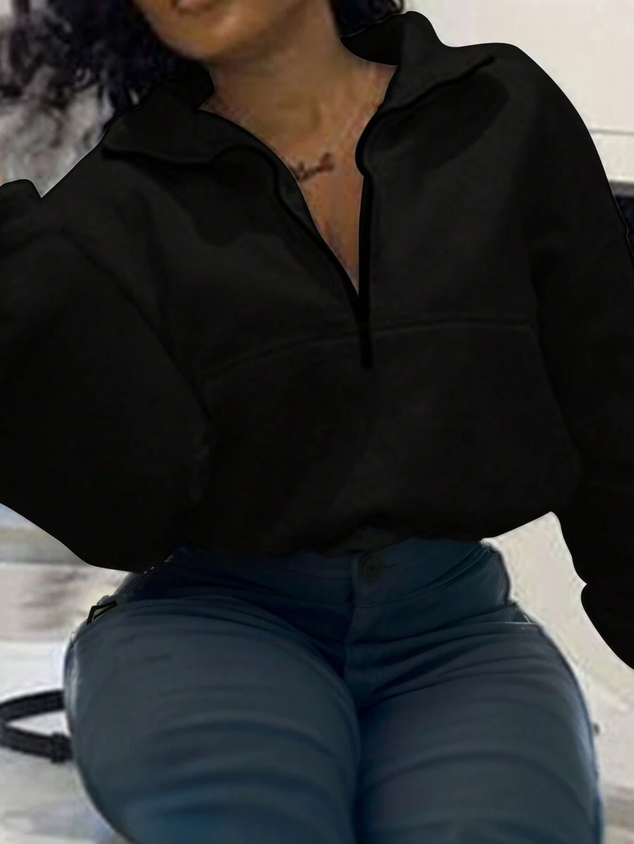 SHEIN 1 chiếc áo nỉ dài tay cổ đứng, màu đen trơn dành cho nữ, kiểu dáng áo dài tay, thích hợp cho lễ tốt nghiệp, tựu trường, giáo viên, áo len mùa thu. - màu đen - Xem 1