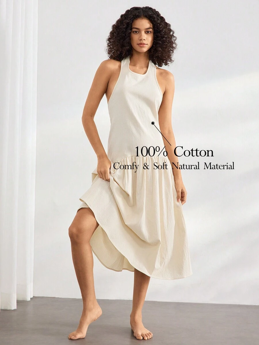 Ocili Đầm thường ngày vải cotton mềm mại viền bèo nhún mặc ở nhà 100% - trắng - Xem 1