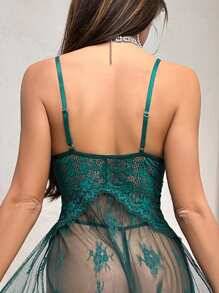 2pcs Women Sexy Lace Lingerie Gown + G-String Set For Going Out - Dark Green - View 2