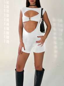 INAWLY 女士纯色圆领镂空环饰无袖紧身连身裤 - 白色 - 查看 3