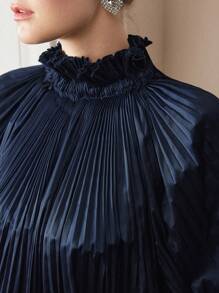 MOTF 纯色荷叶边立领灯笼袖百褶衬衫（无腰带）、荷叶边上衣 - 藍色 - 查看 3