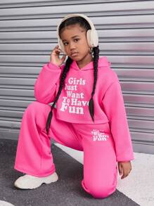 SHEIN Tween Girl Retro Knitted Long Sleeve Hoodie Set, Sibling Outfits And Me Matching Outfits (2 Sets Are Sold Separately), Fleece, Thickened - Hot Pink - View 4
