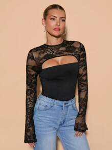 SHEIN BAE Women's Black Basic Long Sleeve Knit Top With Lace Contrast, Crew Neck, Simple And Elegant, Suitable For Outings, Dates, Night Outs And Elegant Parties, Autumn Winter