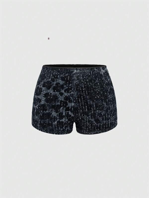ROMWE Grunge Punk Y2K Sexy Leopard Print Sequined Women's Ultra Low-Rise Mini Shorts