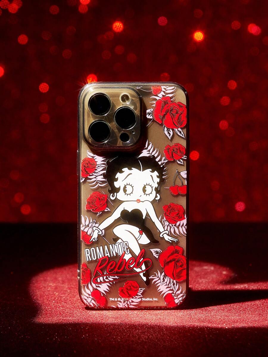 Betty Boop x SHEIN Clear Cute Cartoon Figure & Floral Rose Pattern Phone Case,Compatible With IPhone,Gift Ideas,Party,Holiday,Valentine's Day - Clear - View 1