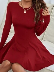 SHEIN VCAY Plus Size Women's Spring And Summer Solid Color Crew Neck Long Sleeve Fitted Elegant Short Dress - Red - View 5