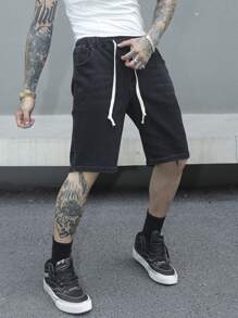 Manfinity EMRG Men's Drawstring Waist Flap Pockets Bermuda Casual Denim Shorts - Black - View 8