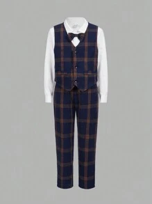 SHEIN 3pcs Kids Tween Boys Extended Size Casual Turn-Down Collar Long Sleeve Solid Color Shirt With Tie, Plaid Vest And Woven Pants Set - Multicolor - View 7