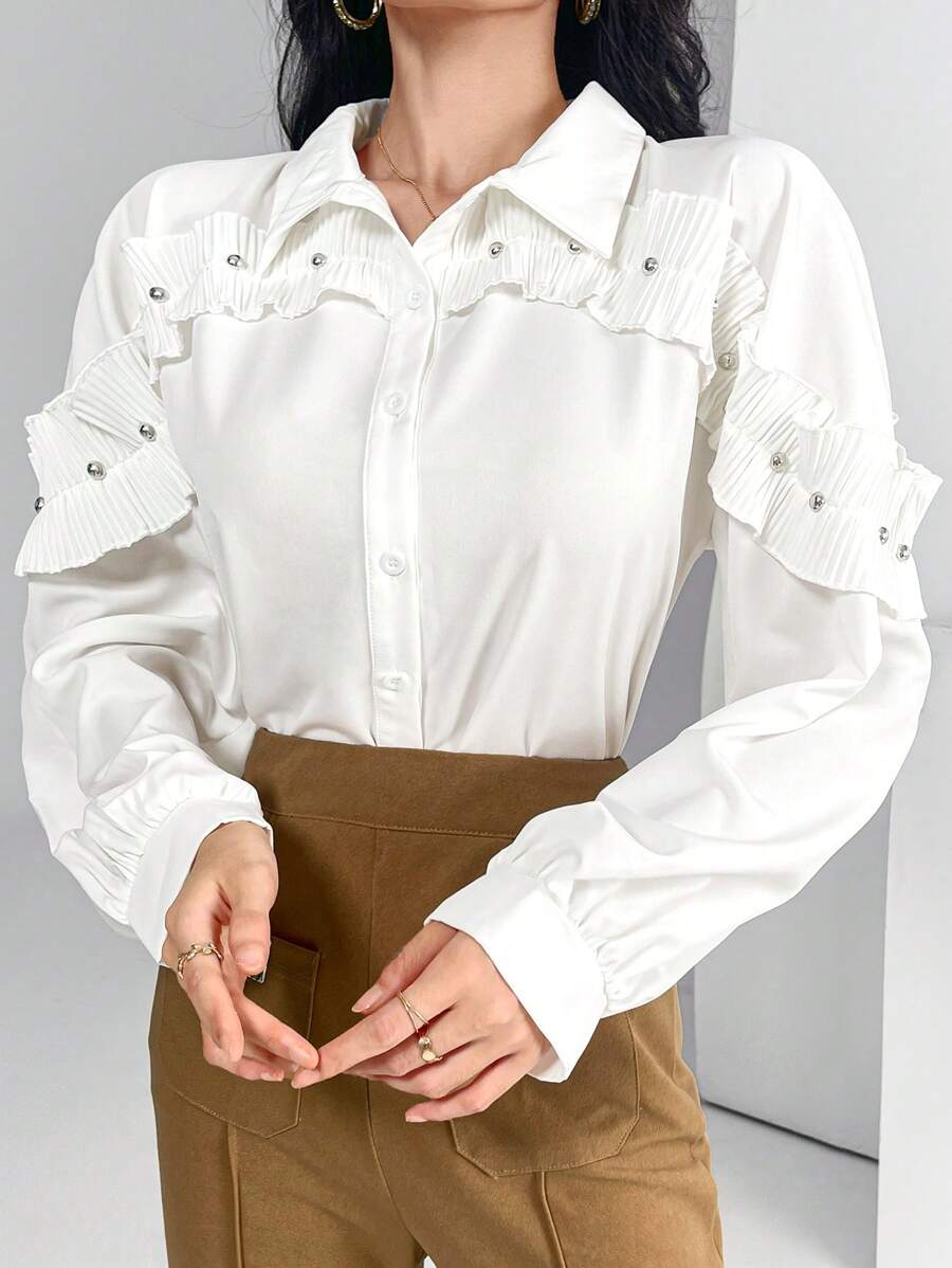 Modelyn 女士纯色简约日常长袖衬衫 - 白色 - 查看 1