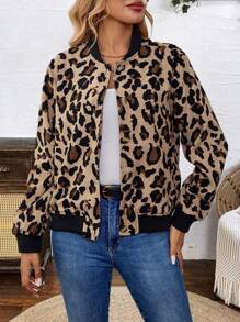 EMERY ROSE Women's Button-Up Baseball Collar Leopard Print Long Sleeve Jacket, Daily Casual Chic - Brown - View 7